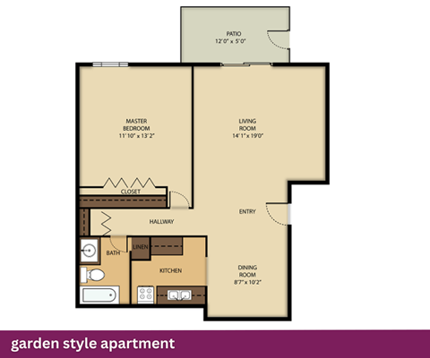 A floor plan of a garden style apartment.